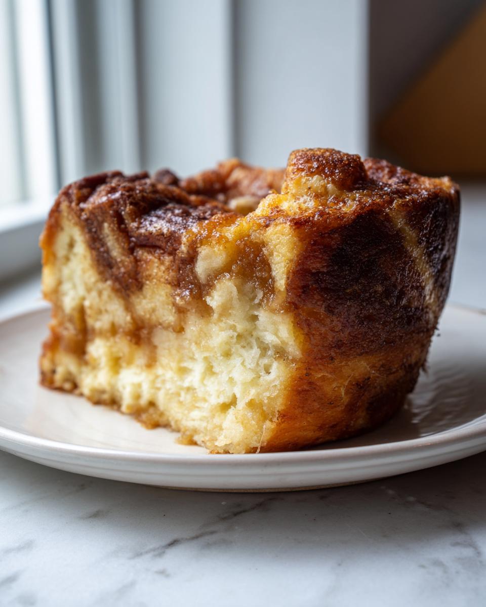 Close-up of a single, moist slice of amazing bread pudding with a caramelized, swirled top.