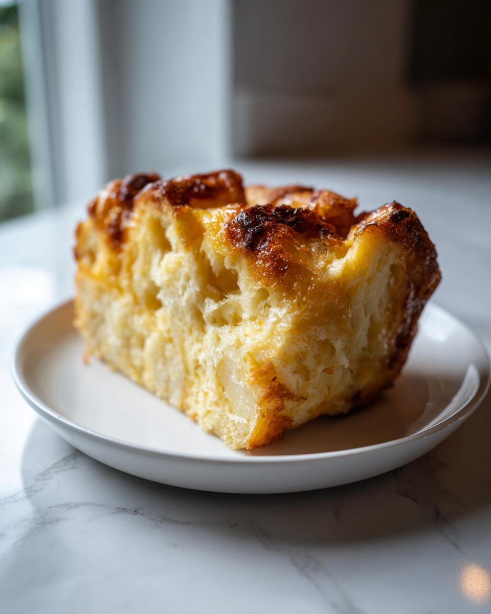 A thick, moist slice of amazing bread pudding with a golden, caramelized top, served on a white plate.