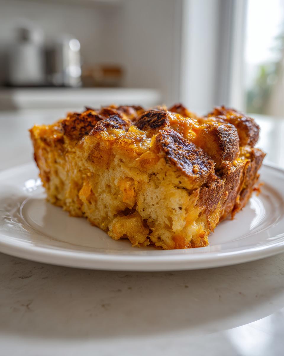 A close-up of a moist, golden-brown slice of amazing bread pudding served on a white plate.
