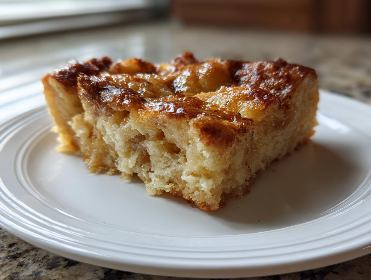 A close-up of a moist slice of amazing bread pudding with a caramelized, glossy top, served on a white plate.
