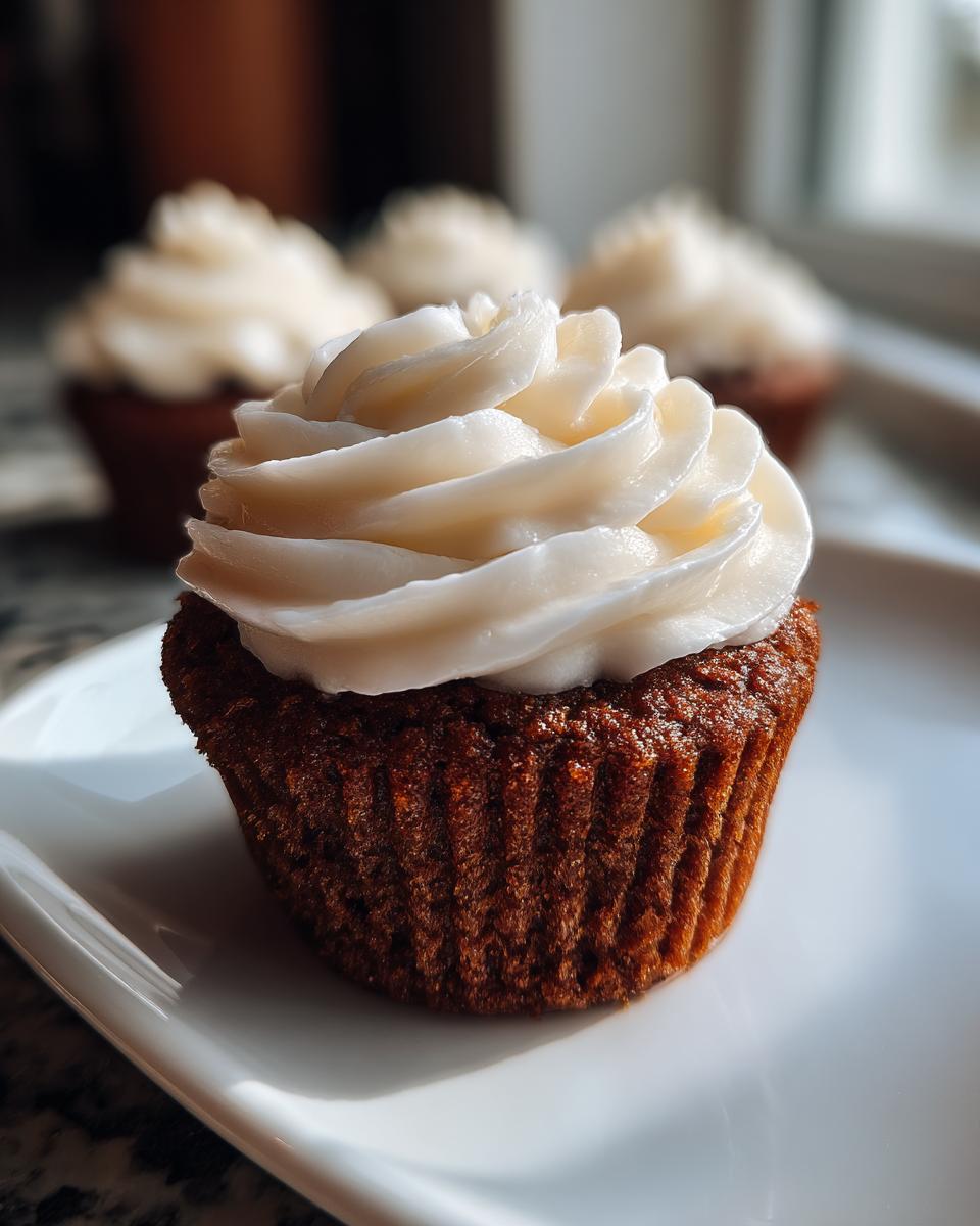 Close-up of a moist gingerbread cupcake topped with a swirl of white cream cheese frosting.