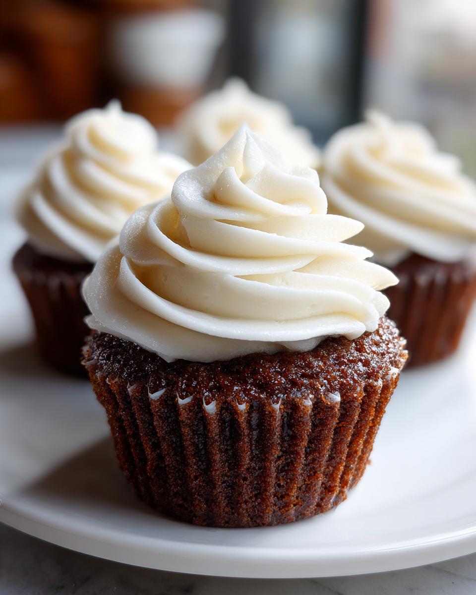 Close-up of a moist gingerbread cupcakes topped with high swirl of white cream cheese frosting.