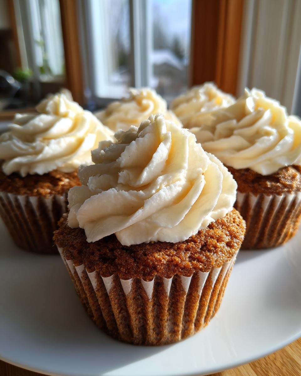 Close-up of moist gingerbread cupcakes topped with swirls of creamy white frosting, sitting on a white plate.