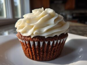A single, moist gingerbread cupcake topped with a swirl of white cream cheese frosting, sitting on a white plate.