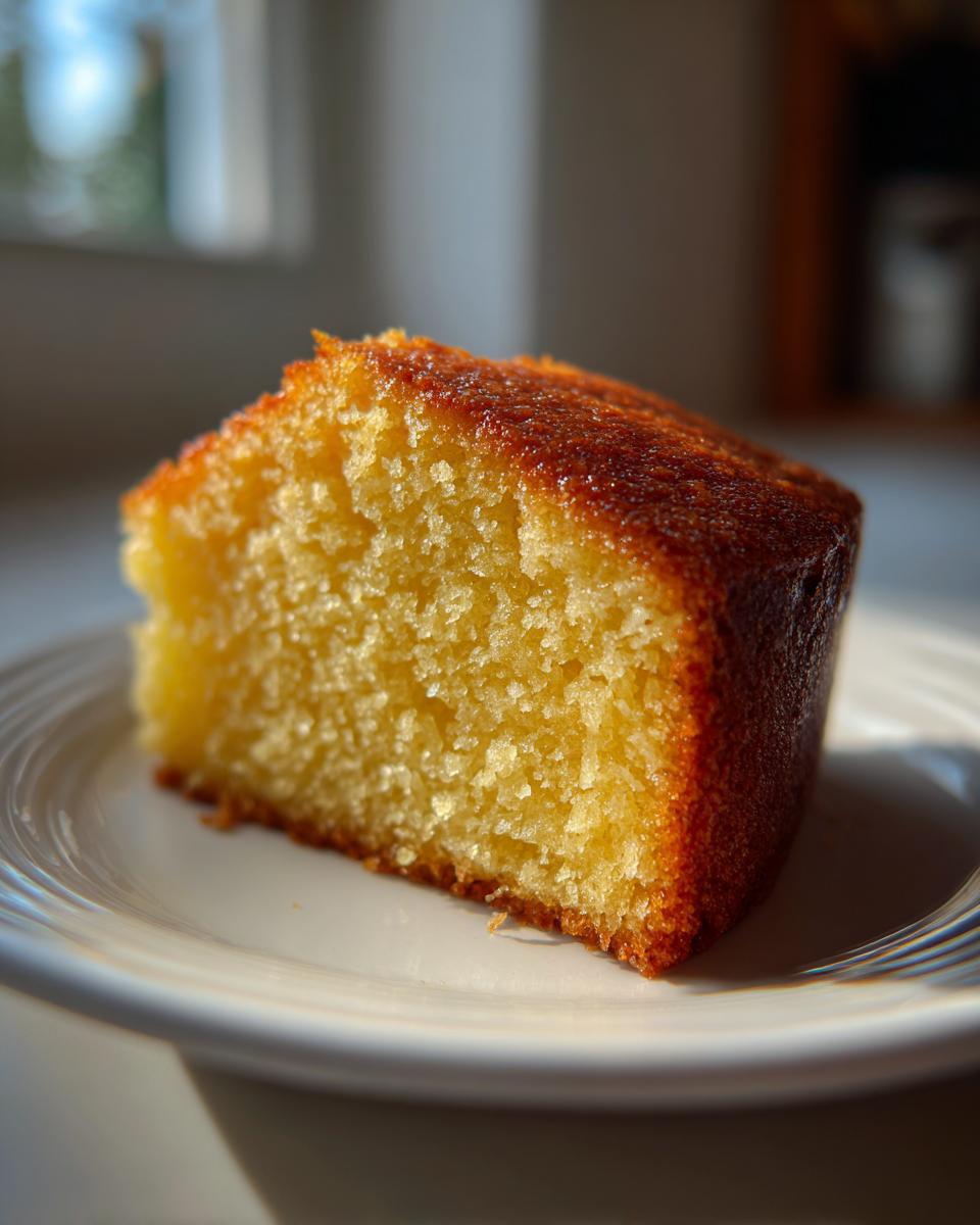 Close-up of a moist, golden slice of lemon olive oil cake on a white plate, highlighted by sunlight.