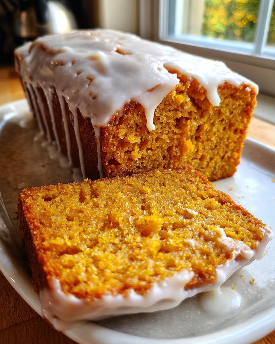 A moist sweet potato pound cake loaf with a thick white glaze drizzled over the top, and one slice cut.