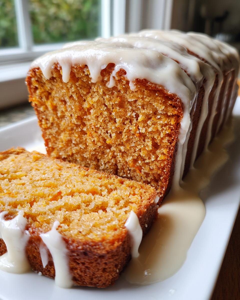 A moist slice cut from a loaf of sweet potato pound cake topped with a thick, dripping vanilla glaze.