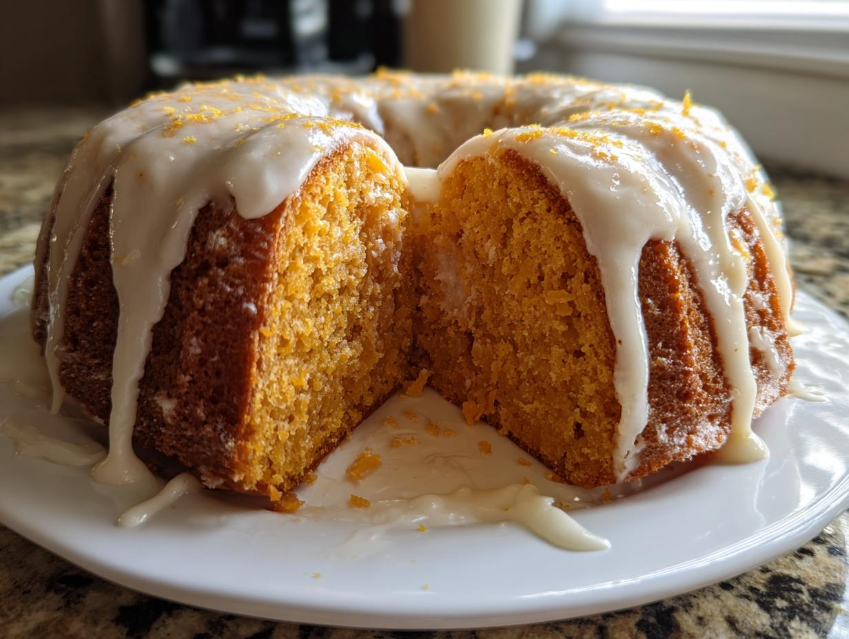 A moist sweet potato pound cake, glazed and sprinkled with zest, cut in half to show the texture.