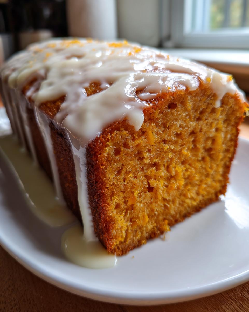 Close-up of a slice of moist sweet potato pound cake topped with thick white glaze and orange zest.