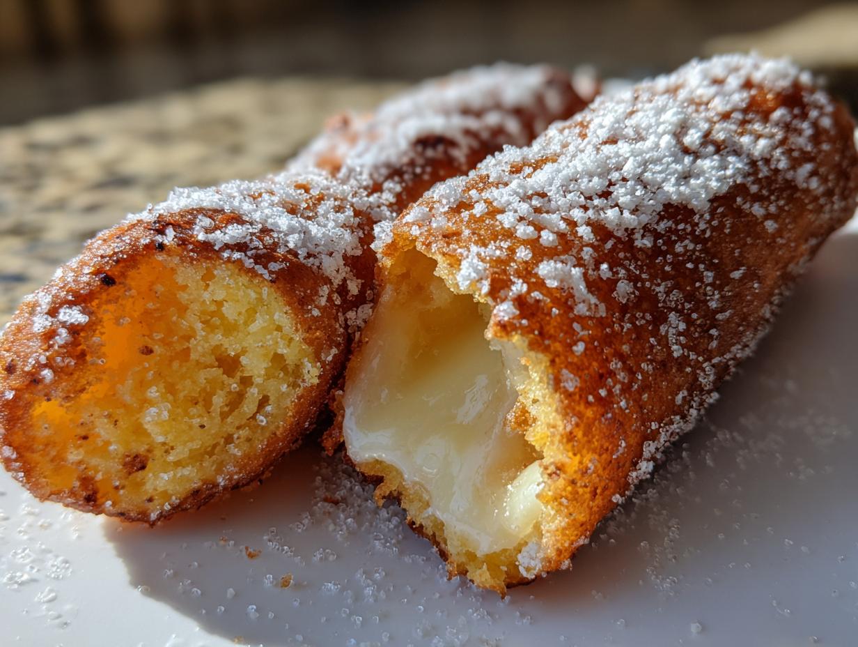 Close-up of a mozzarella korean corn dog cut in half, showing the melted cheese filling and dusted heavily with powdered sugar.