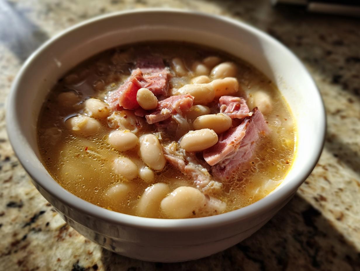 Close-up of a white bowl filled with rich navy bean soup, featuring white beans and chunks of pink ham.