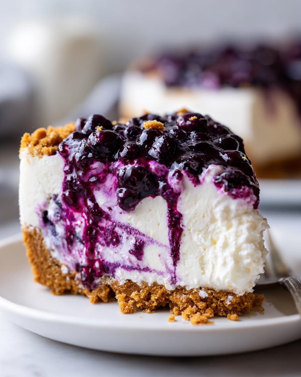 Close-up of a rich slice of no bake blueberry cheesecake with a thick graham cracker crust and dripping blueberry topping.