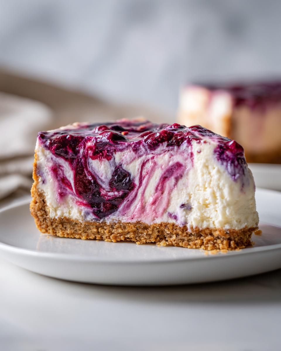 Close-up of a creamy slice of no bake blueberry cheesecake featuring a graham cracker crust and a vibrant blueberry swirl topping.