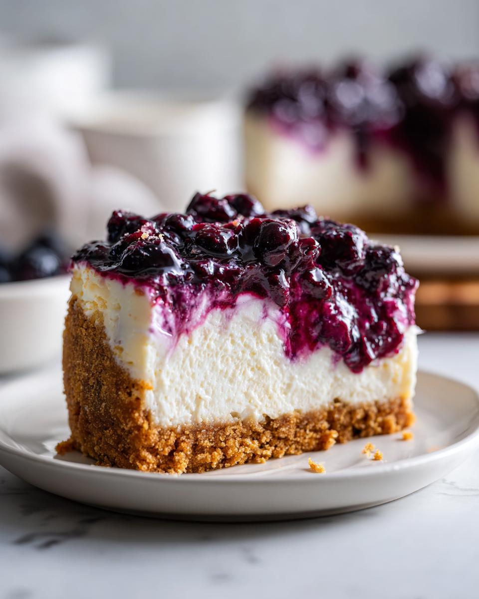 A close-up slice of creamy no bake blueberry cheesecake on a white plate, featuring a thick graham cracker crust and rich blueberry topping.