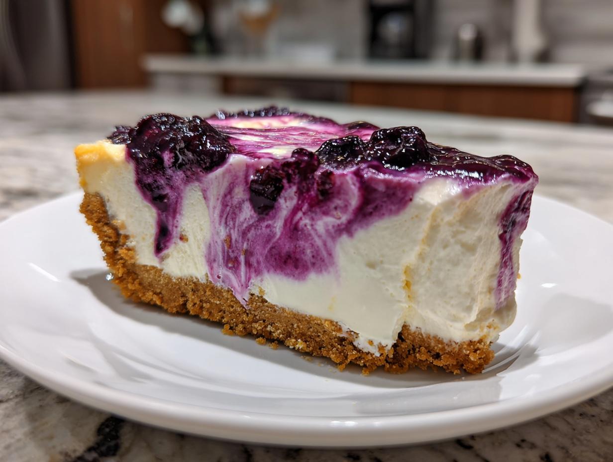 A close-up of a creamy slice of no bake blueberry cheesecake with a graham cracker crust and blueberry topping swirl.