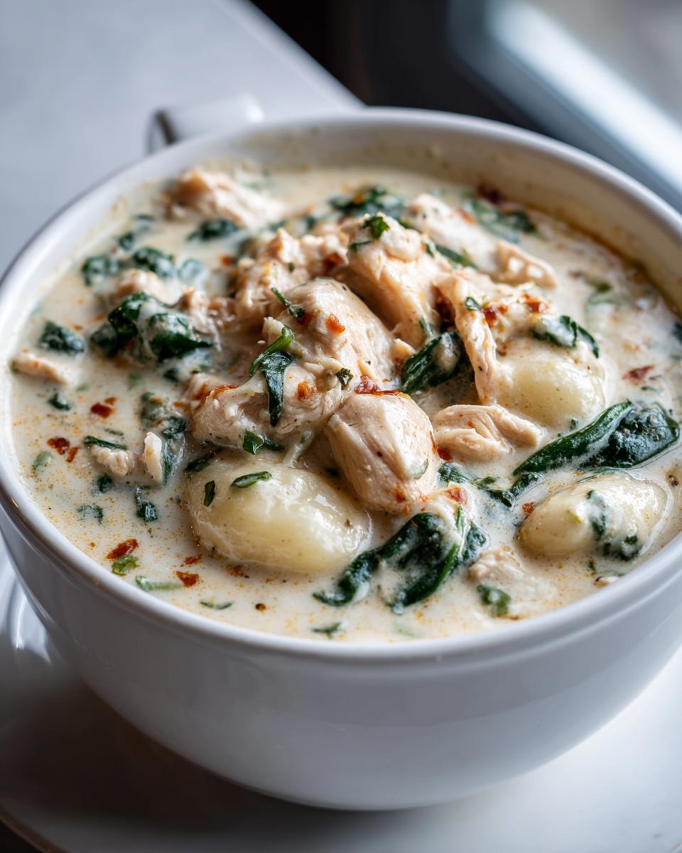 A close-up view of a creamy bowl of Olive Garden Chicken Gnocchi Soup, featuring tender chicken, spinach, and soft gnocchi.