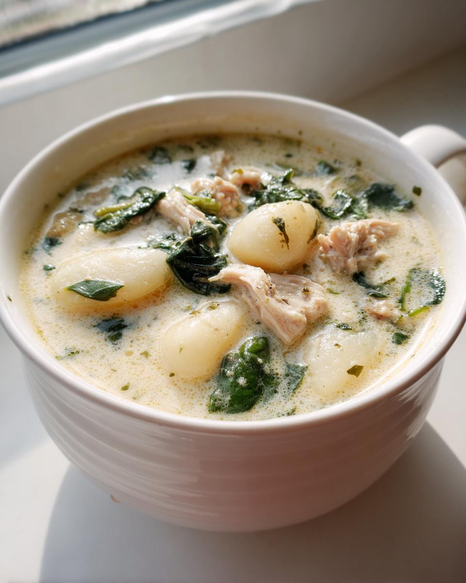 Close-up of a white bowl filled with creamy Olive Garden Chicken Gnocchi Soup, showing gnocchi, shredded chicken, and spinach.
