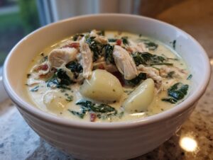 A close-up of a bowl filled with creamy Olive Garden Chicken Gnocchi Soup, featuring shredded chicken, spinach, and potato gnocchi.