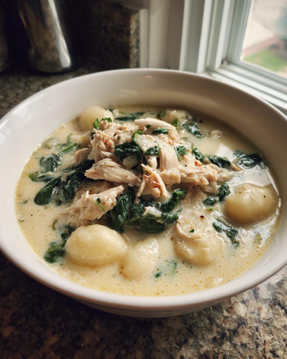 A close-up of a white bowl filled with creamy Olive Garden Chicken Gnocchi Soup, featuring shredded chicken, spinach, and potato gnocchi.