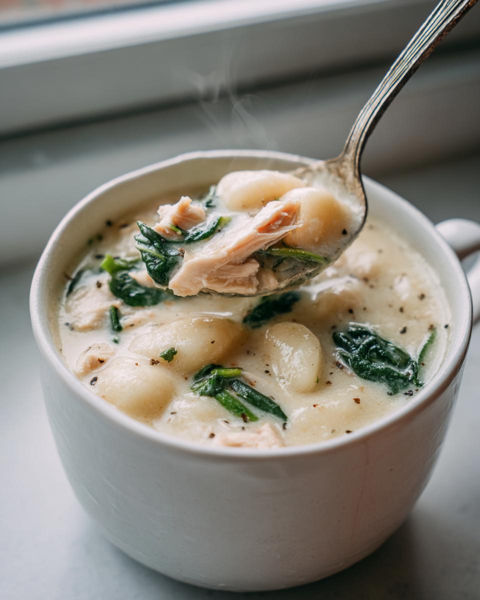 A spoonful of steaming Olive Garden Chicken Gnocchi Soup showing tender chicken, soft gnocchi, and wilted spinach in a creamy broth.