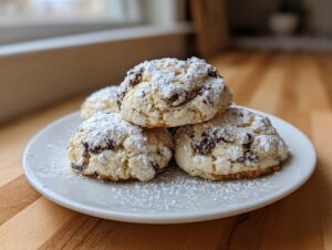 A stack of four soft, powdered sugar-dusted cannoli cookies featuring visible chocolate chips on a white plate.