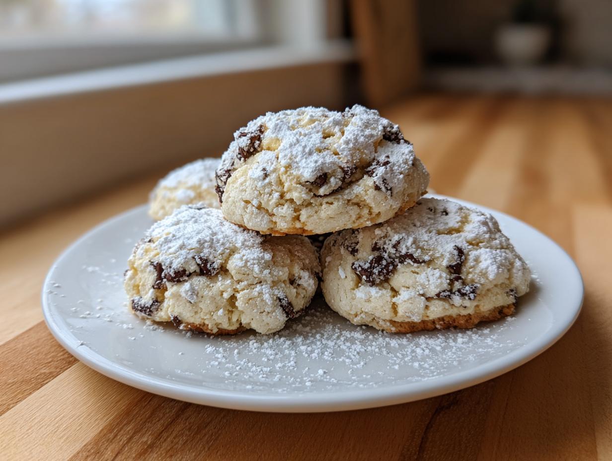 A stack of four soft, powdered sugar-dusted cannoli cookies featuring visible chocolate chips on a white plate.