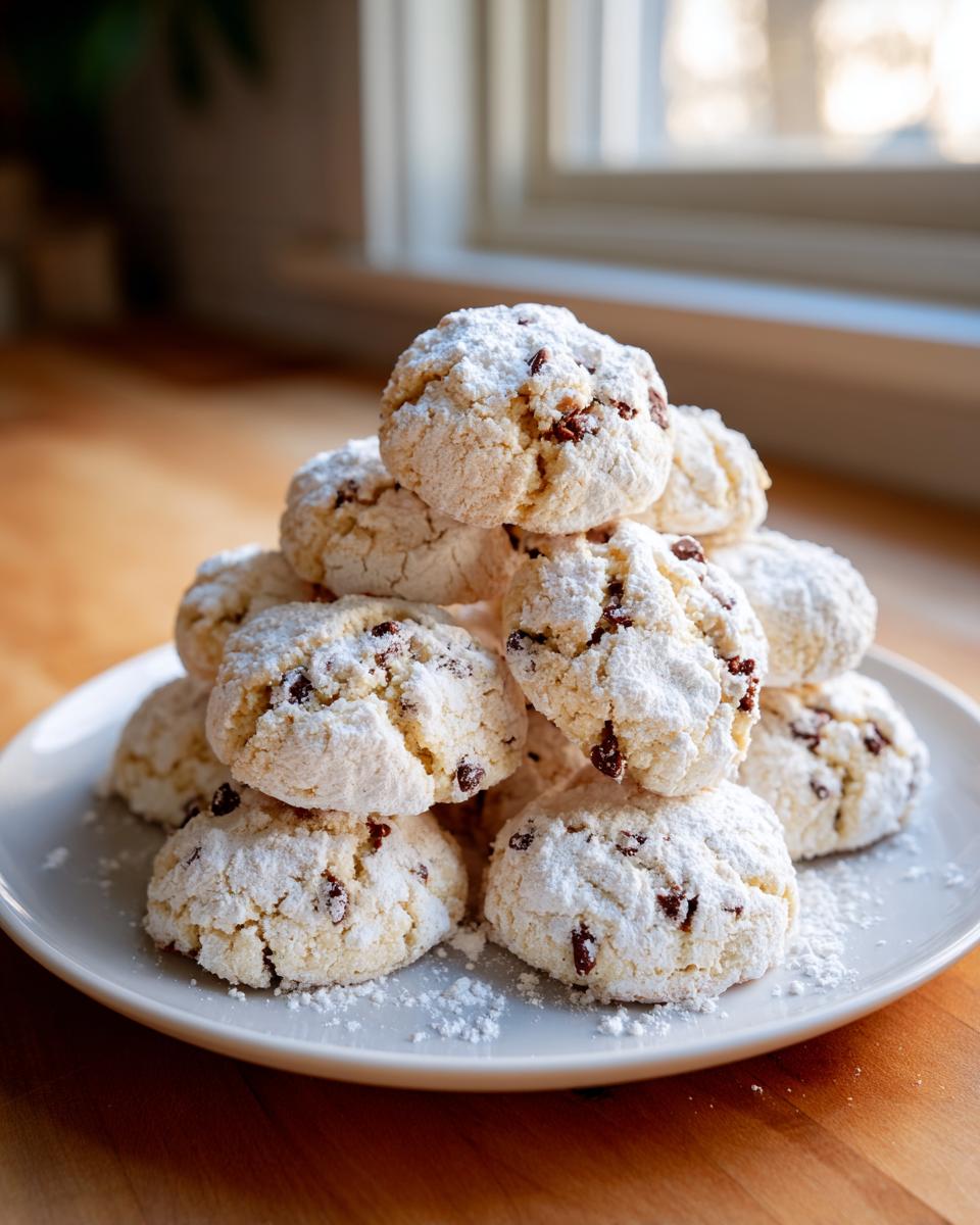 A tall stack of freshly baked cannoli cookies dusted heavily with powdered sugar, showing small chocolate chips inside.