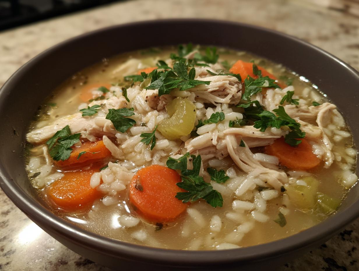 Close-up of a bowl of savory turkey soup featuring shredded meat, rice, sliced carrots, celery, and fresh parsley garnish.