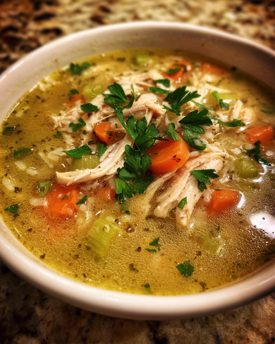 Close-up of a white bowl filled with rich, yellow turkey soup featuring shredded meat, carrots, celery, and fresh parsley garnish.