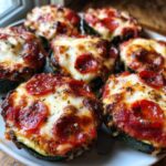 A plate filled with baked zucchini pizza bites topped with melted cheese, pepperoni, and herbs.