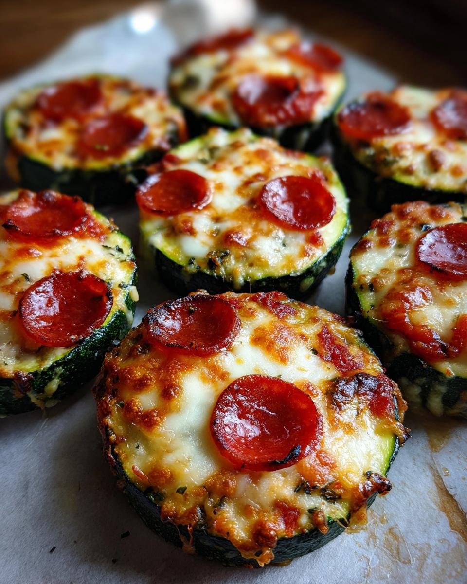Close-up of baked zucchini pizza bites topped with melted cheese and pepperoni slices.