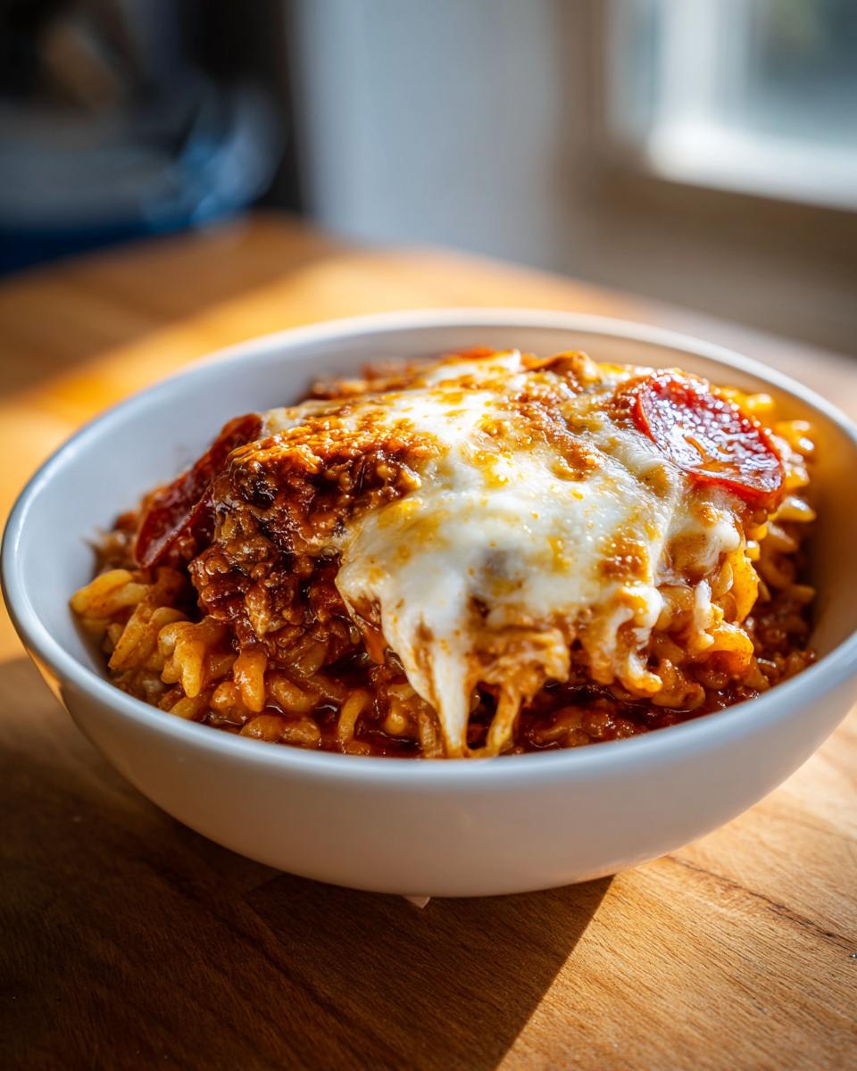 Close-up of a serving of pizza pasta bake topped with melted mozzarella cheese and pepperoni slices.
