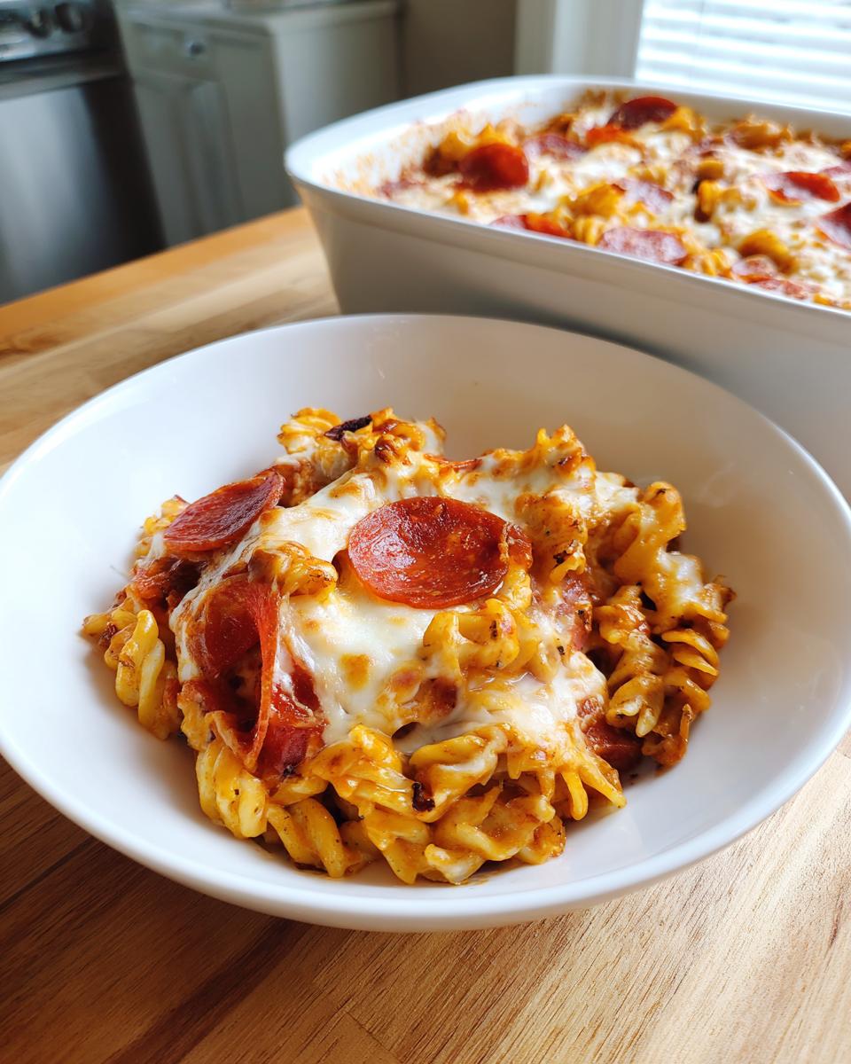 A close-up serving of cheesy pizza pasta bake with rotini noodles and pepperoni slices in a white bowl.