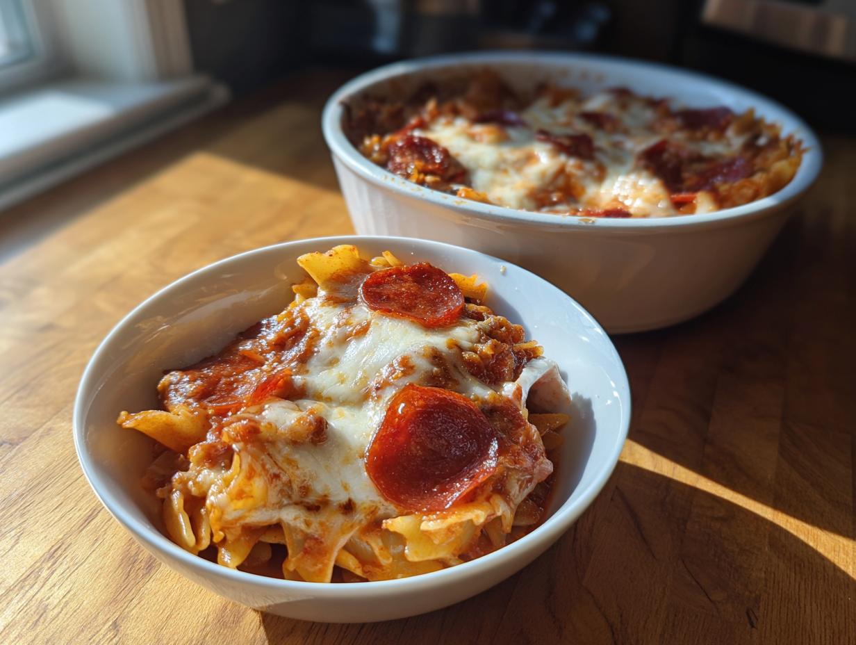 A serving of baked pizza pasta topped with melted mozzarella and pepperoni slices, with the main dish visible in the background.