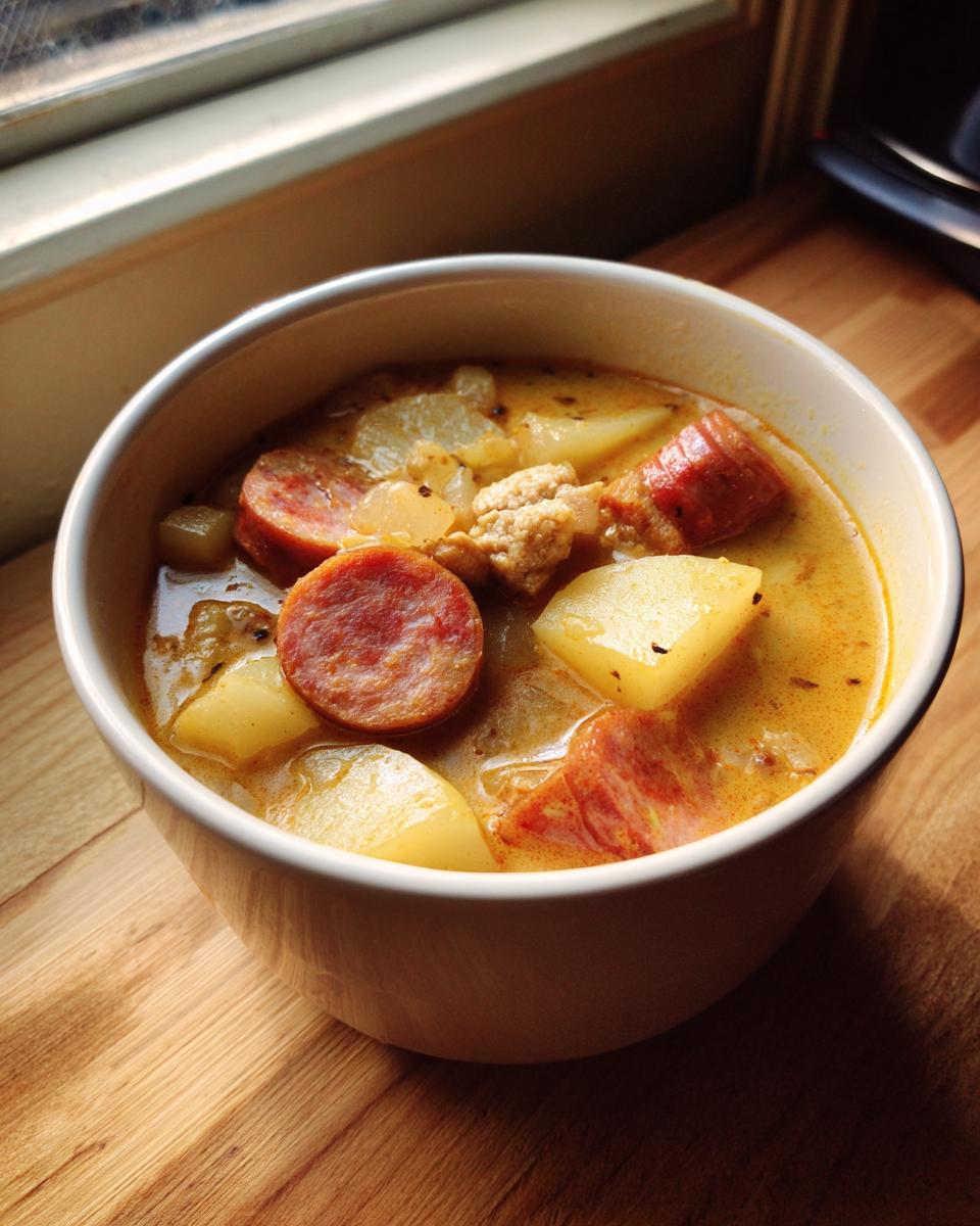 Close-up of a creamy bowl of potato and sausage chowder with chunks of sausage and potatoes.
