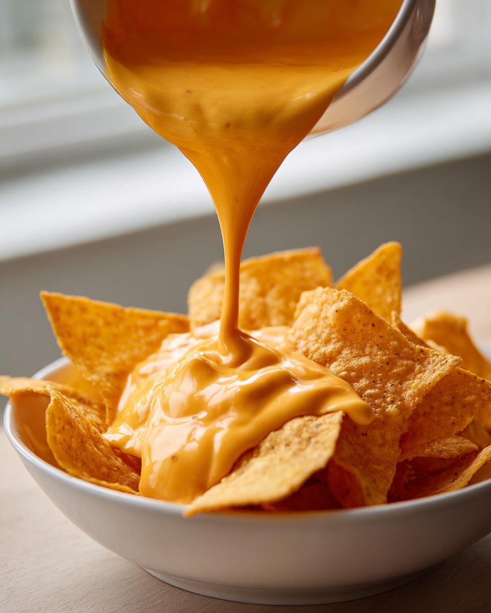 Close-up of thick, smooth nacho cheese being poured from a bowl onto a pile of tortilla chips.