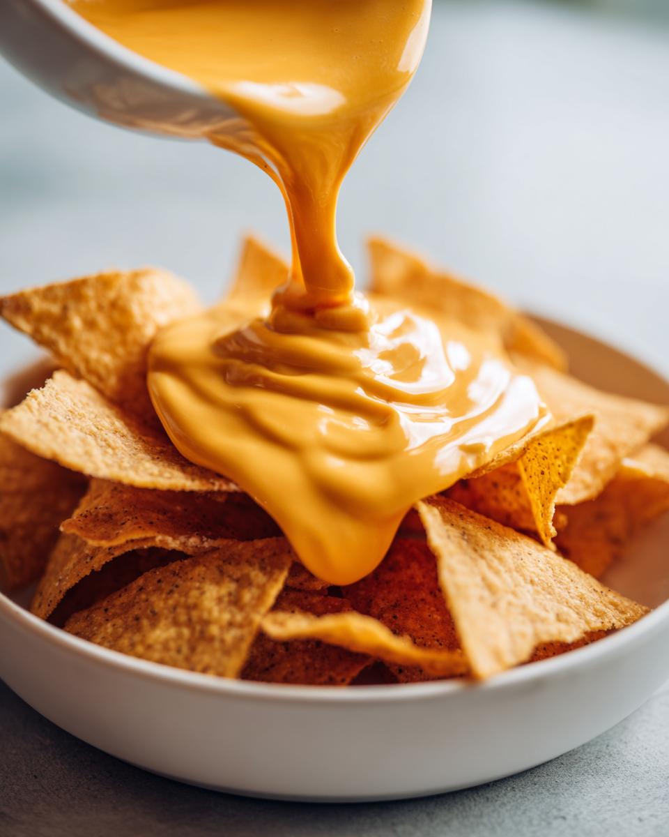 A close-up shot of thick, smooth nacho cheese being poured from a white bowl onto a pile of tortilla chips.