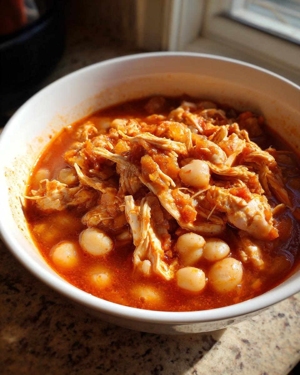 A close-up view of a white bowl filled with rich, red chicken pozole featuring shredded chicken and hominy kernels.