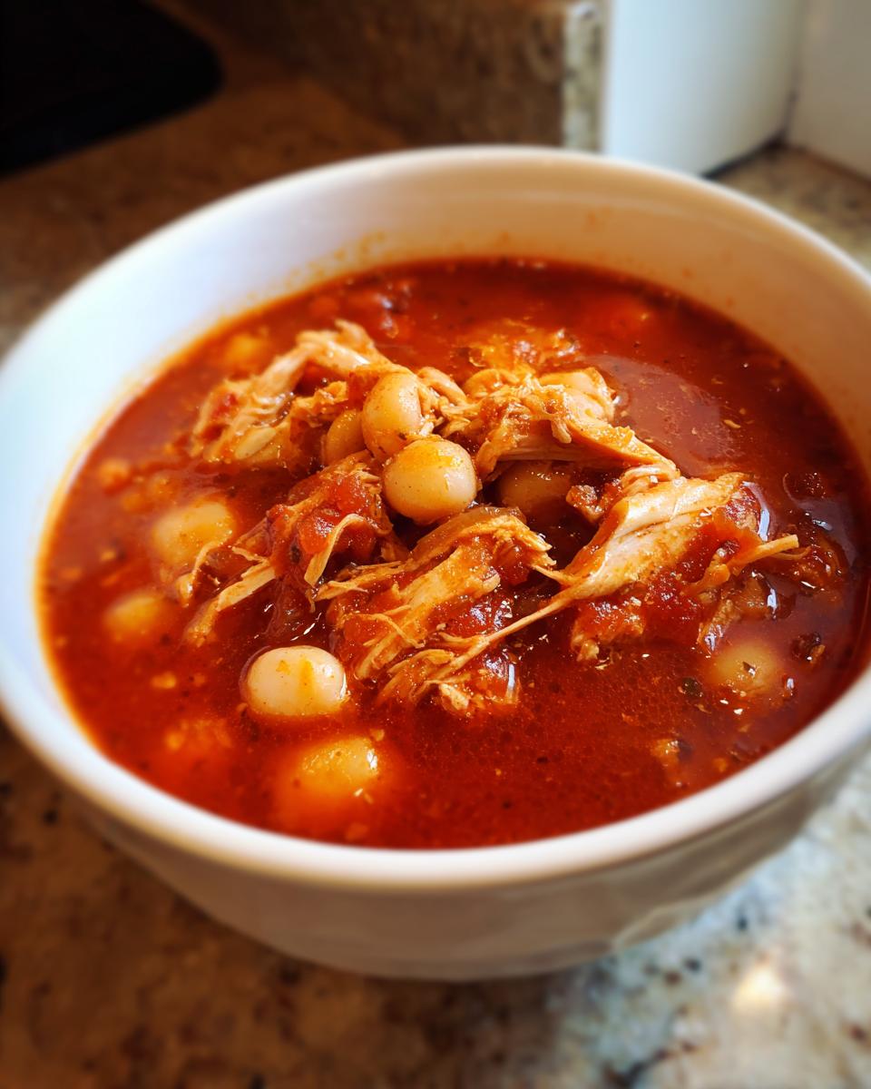 Close-up of a hearty bowl of red chicken pozole with shredded chicken and hominy.