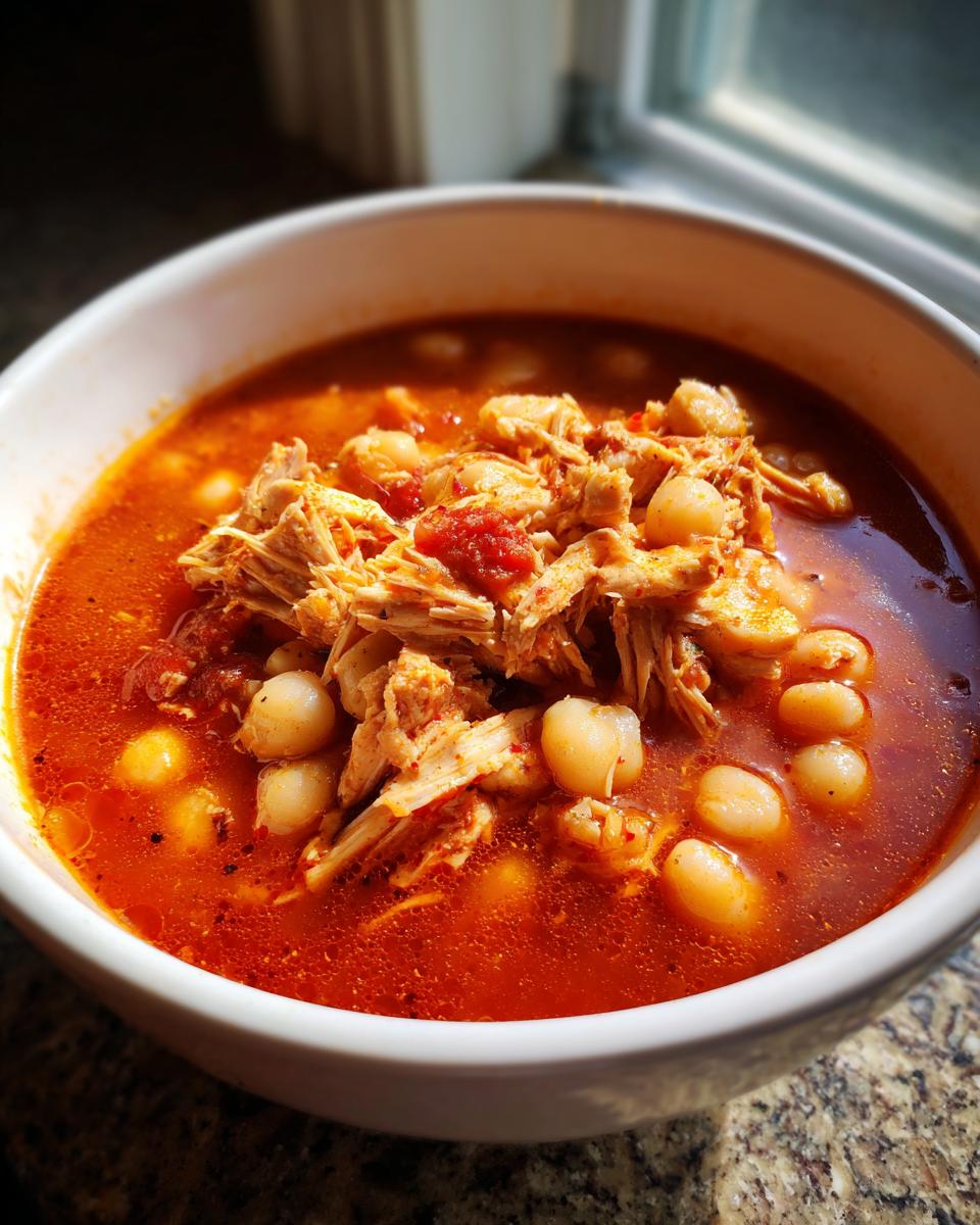 Close-up of a white bowl filled with rich red chicken pozole, featuring shredded chicken and hominy kernels.