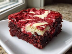 A close-up of a rich, fudgy red velvet cheesecake brownies square on a white plate.