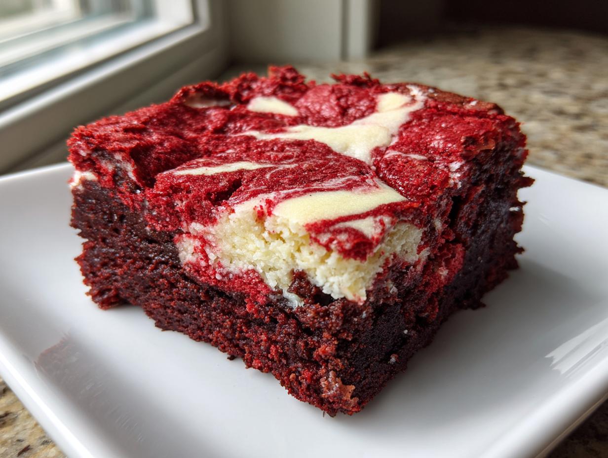 A close-up of a rich, fudgy red velvet cheesecake brownies square on a white plate.