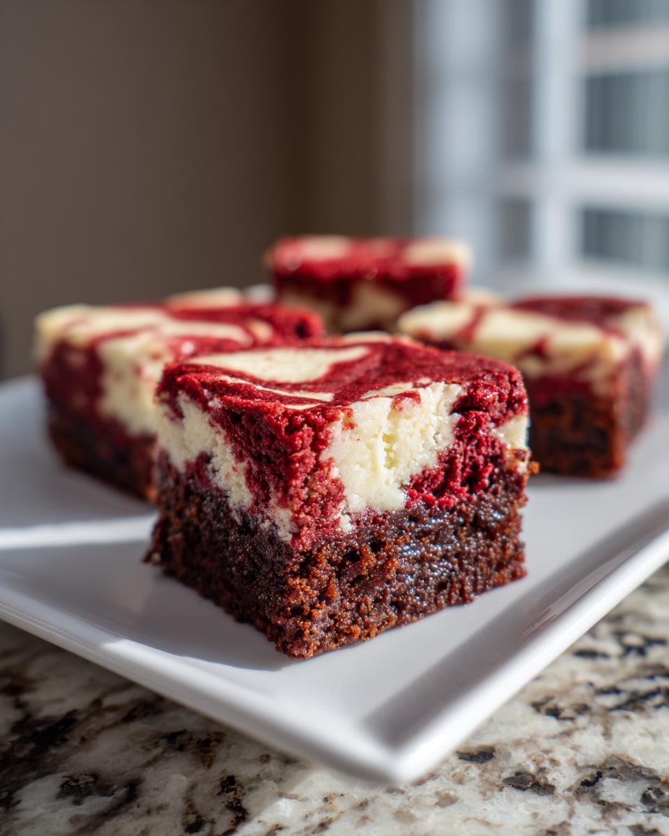 A close-up of a rich, fudgy red velvet cheesecake brownies square with a marbled topping, sitting on a white plate.