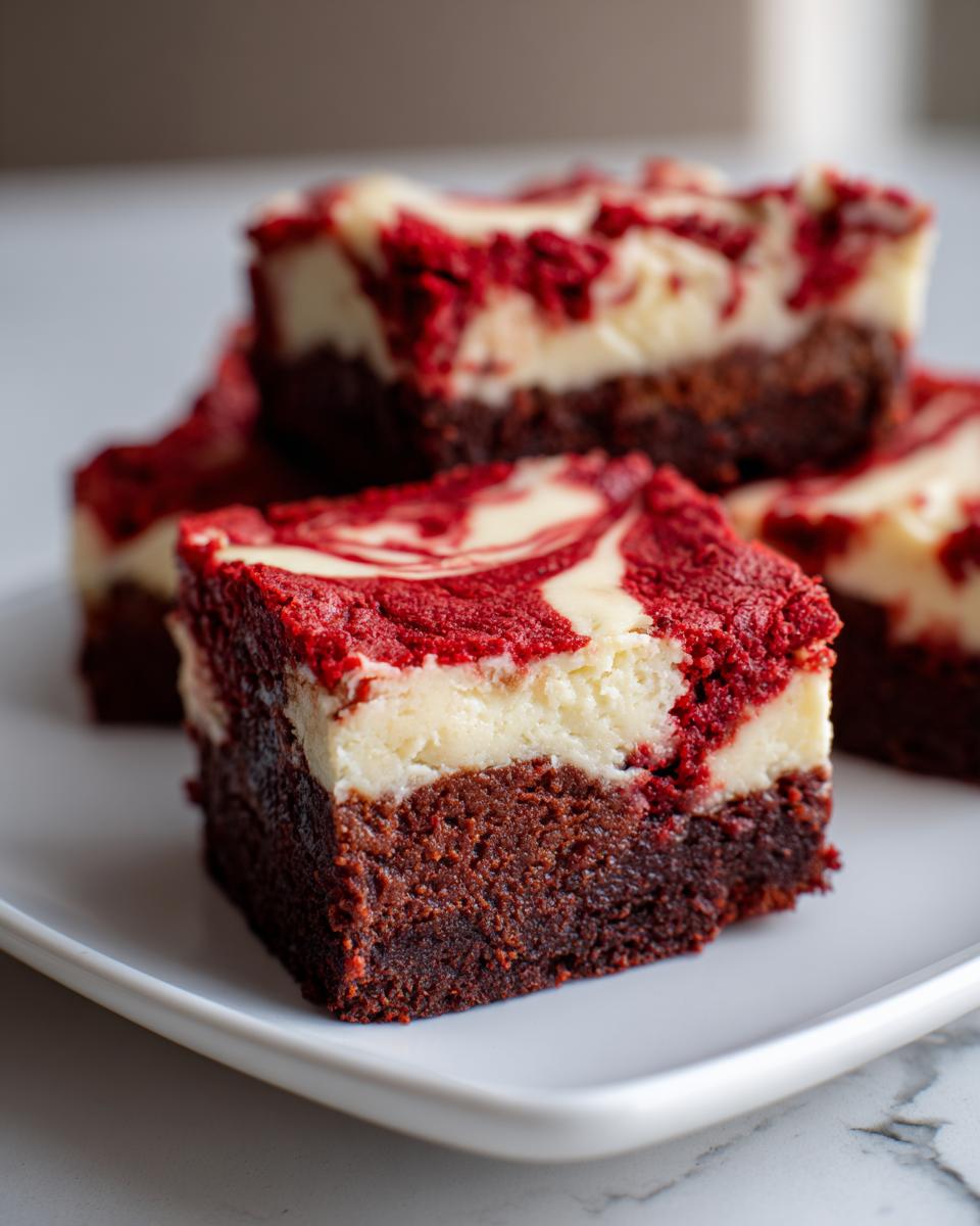 A stack of decadent red velvet cheesecake brownies featuring a rich chocolate base and a swirled red and cream cheese topping.