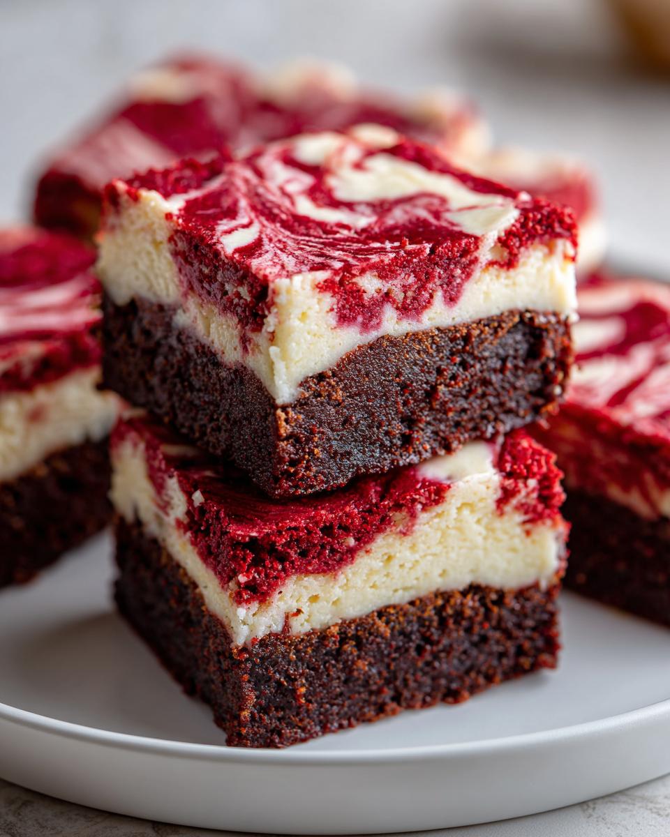 Two stacked squares of red velvet cheesecake brownies showing a dense chocolate base and a swirled red and white topping.