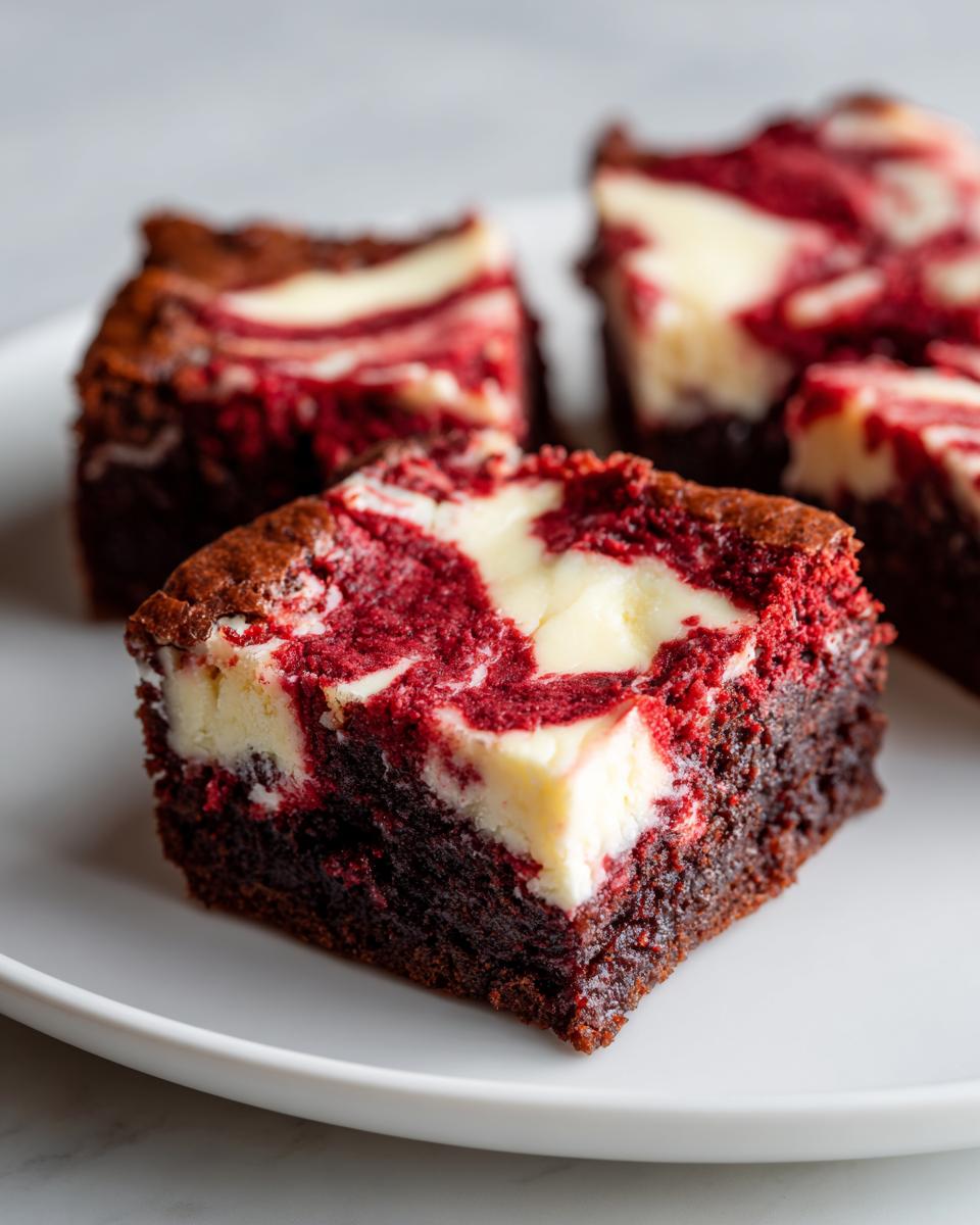 A close-up of a square portion of red velvet cheesecake brownies showing the rich red swirl against the dark chocolate base.
