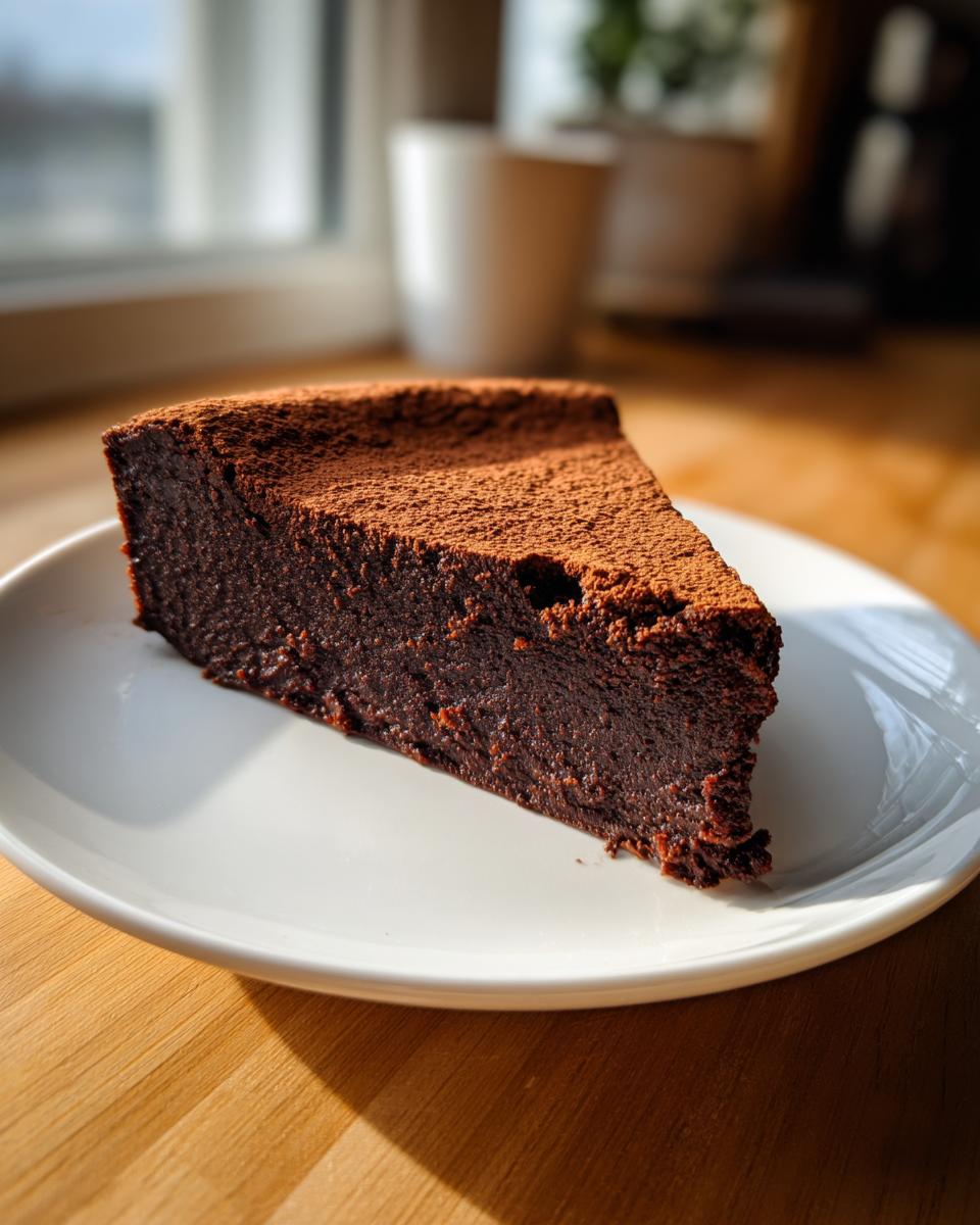 A decadent slice of flourless chocolate torte, dusted heavily with cocoa powder, resting on a white plate.