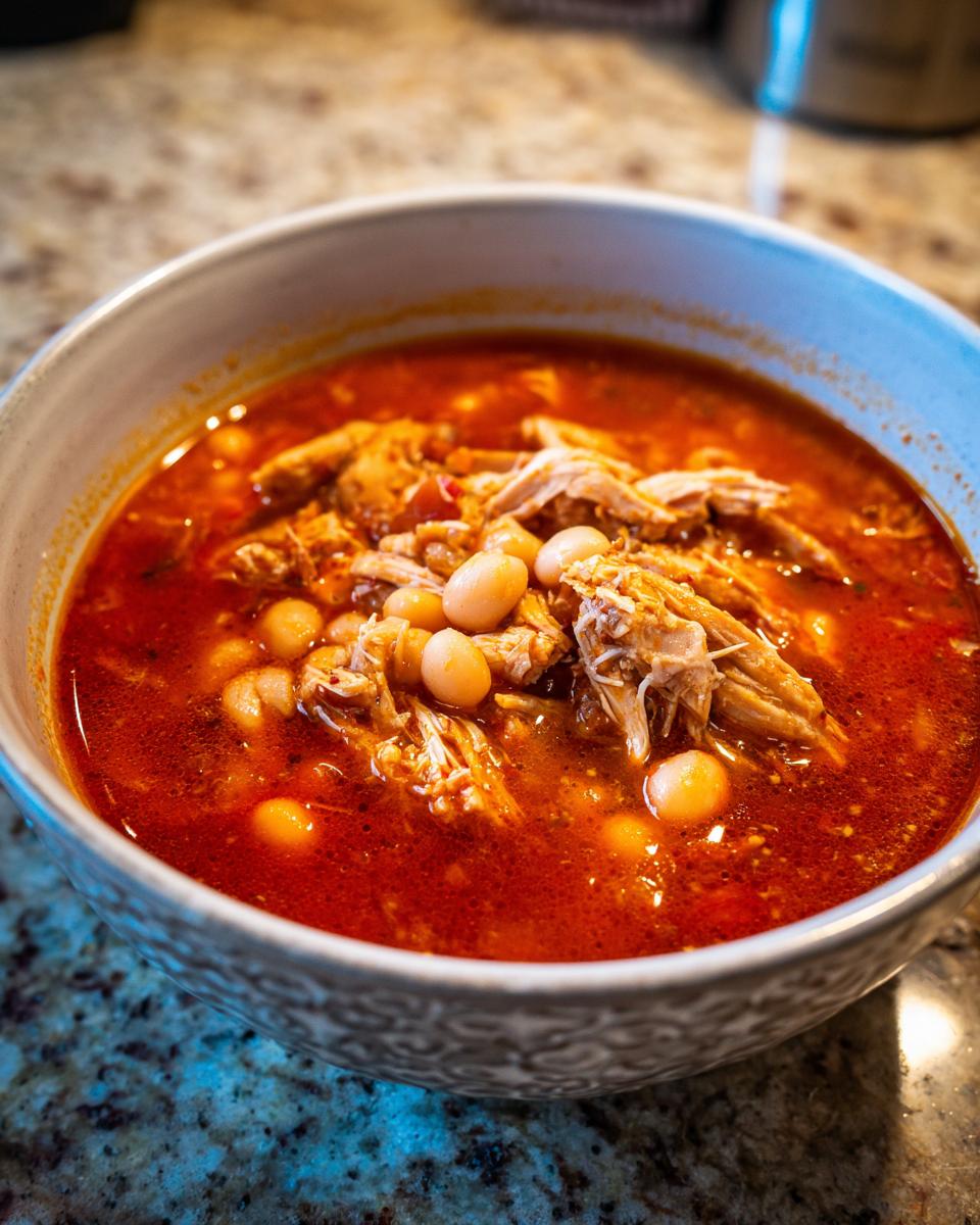 Close-up of a hearty bowl of red chicken pozole, featuring shredded chicken and white hominy in a vibrant broth.