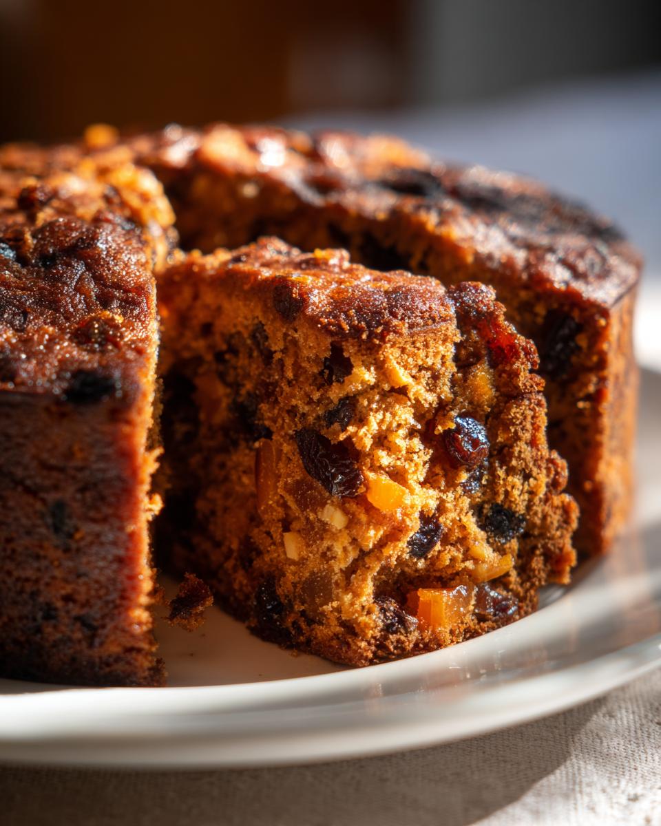 Close-up of a slice cut from a rich, dark fruit cake recipe, showing dried fruits and nuts embedded in the crumb.