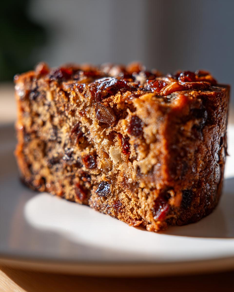 Close-up of a moist, dark slice of fruit cake recipe, packed with dried fruits and nuts, sitting on a white plate.